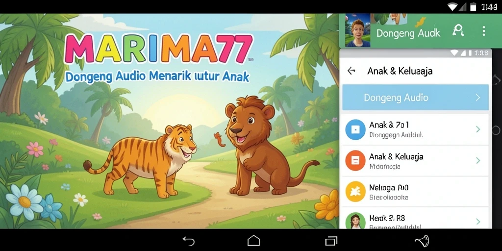 Tampilan antarmuka user-friendly dari MARIMA77 dengan berbagai pilihan dongeng audio.