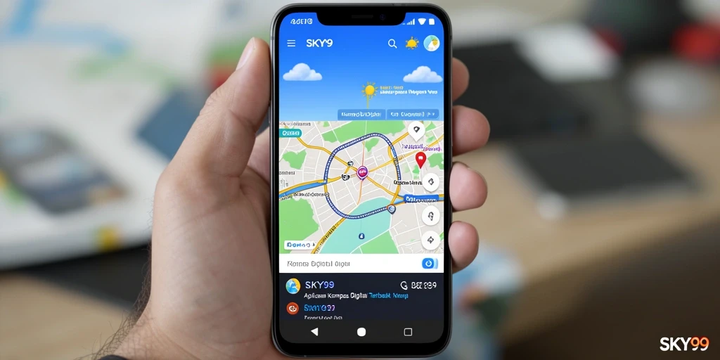 Tampilan antarmuka aplikasi kompas digital dengan peta interaktif.