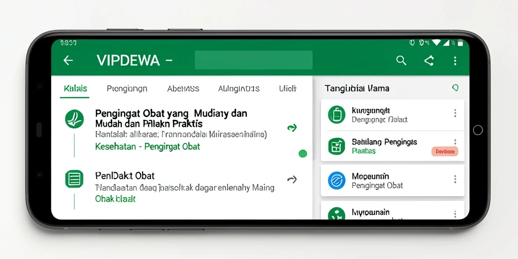 Screenshot aplikasi VIPDEWA menampilkan antarmuka pengguna dan pengingat obat.